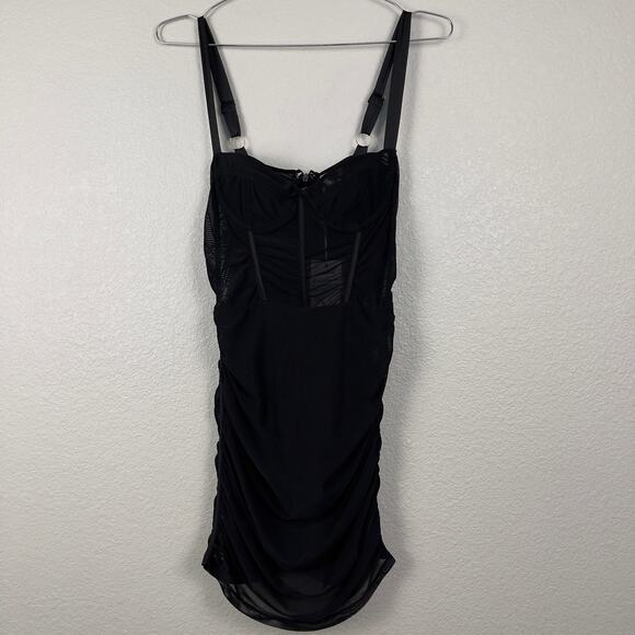 Oh Polly Sheer Perfection Mesh Corset Underwired Mini Dress Black 4 Ruched NWT - Picture 3 of 16